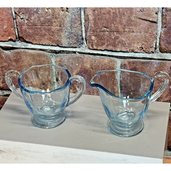 Vintage Fostoria Glass Fairfax Azure Blue Mini Creamer & Open Sugar Bowl Set - Picture 1 of 7